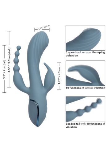 Schema quotato del Triple Ecstasy: asta 11,5 cm, coda 9 cm, stimolatore 4,5 cm