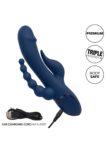 Vibratore CalExotics Triple Orgasm blu con asta curva, stimolatore a fiamma e coda a sfere