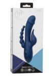 Vibratore CalExotics Triple Orgasm blu con asta curva, stimolatore a fiamma e coda a sfere