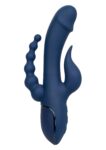 Vibratore CalExotics Triple Orgasm blu con asta curva, stimolatore a fiamma e coda a sfere