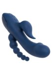 Vibratore CalExotics Triple Orgasm blu con asta curva, stimolatore a fiamma e coda a sfere
