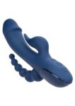 Vibratore CalExotics Triple Orgasm blu con asta curva, stimolatore a fiamma e coda a sfere