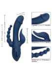 Vibratore CalExotics Triple Orgasm blu con asta curva, stimolatore a fiamma e coda a sfere