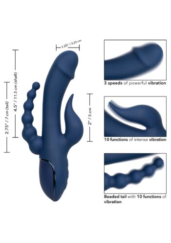 Schema quotato del Triple Orgasm: asta 11,5 cm, coda 7 cm, stimolatore 5 cm