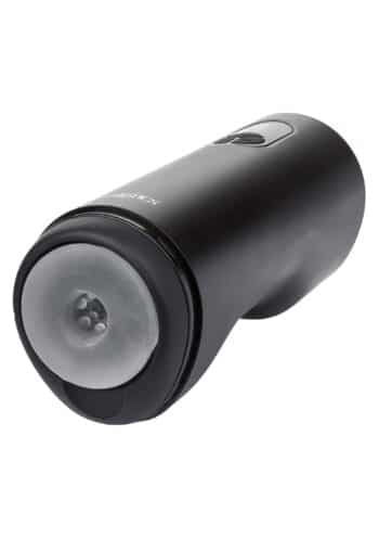 Masturbatore Bionic Vibro-Stroker nero di tre quarti, con imboccatura in TPE trasparente