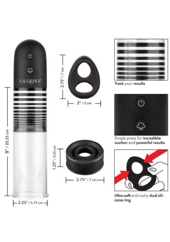 Misure del kit EZ Pump: cilindro 20,25 cm per 5,75 cm, anello doppio 7 per 5 cm, donut 7 cm di diametro