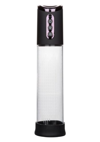 Pompa Peak Rechargeable in verticale: cilindro trasparente graduato e testata nera con tre tasti
