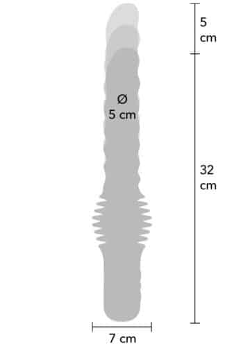 Disegno quotato: 32 cm a riposo, 5 cm di corsa, diametro 5 cm, base 7 cm