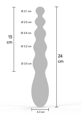 Disegno quotato: 24 cm totali, 15 cm inseribili, sfere da 2,1 a 3,5 cm