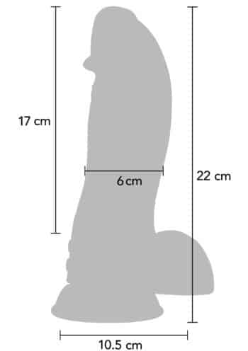 Disegno quotato del dildo Dinosaur: 22 cm totali, 17 cm inseribili, 6 cm di diametro
