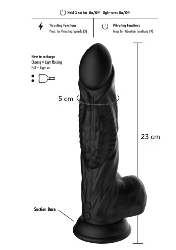 Schema del dildo Raptor: 23 cm, 5 cm di diametro, 3 velocita di spinta, 9 vibrazioni, base a ventosa