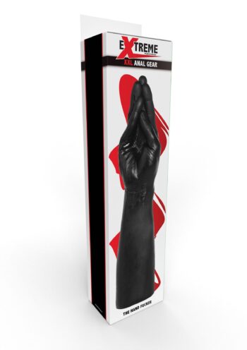 Mano realistica in PVC nero con dita unite a cono, vista frontale