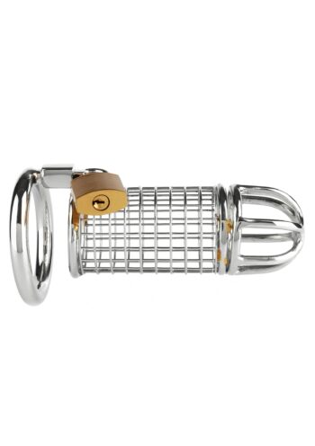 Matrix Cock Cage di profilo con anello, gabbia a maglia fine e lucchetto chiuso