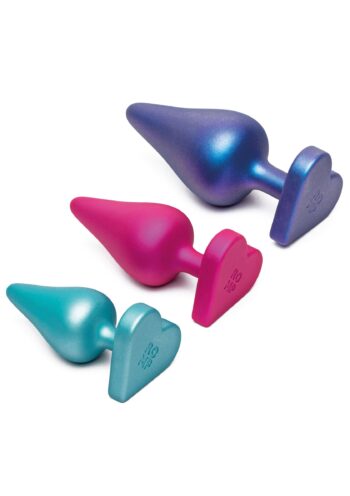 Kit ROMP Luster, tre plug anali in silicone con base a cuore, verde acqua fucsia e blu