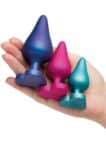 Kit ROMP Luster, tre plug anali in silicone con base a cuore, verde acqua fucsia e blu